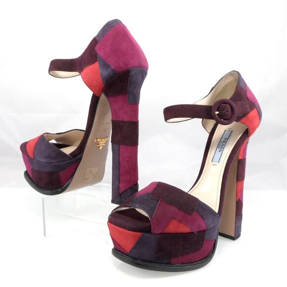 NIB$990 Collection Prada Patchwork d’Orsay Ankle Strap Platform Heels Vintage 37 - Picture 13 of 16